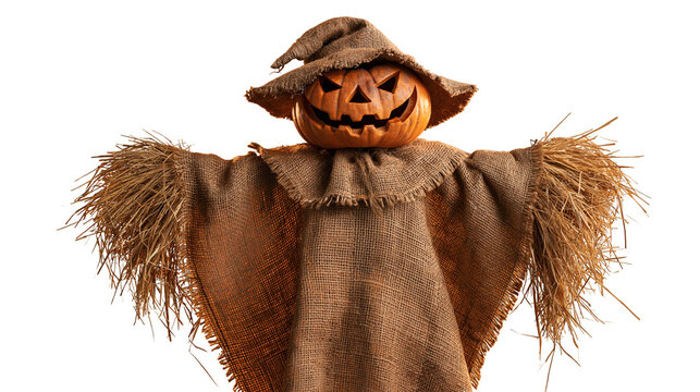 Scary carved pumpkin head scarecrow with burlap clothing and straw sleeves