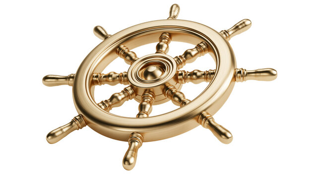 Polished golden ship steering wheel with metallic texture and nautical design