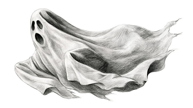 Pencil sketch of a flying ghost with flowing fabric and hollow eyes