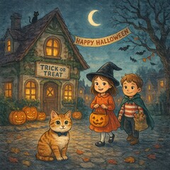 Fototapeta premium Happy Halloween kids with cat and jack o lantern house