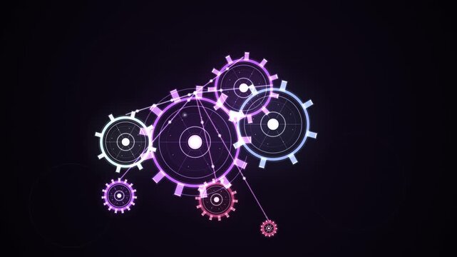 Glowing abstract gears rotate in a seamless looping pattern against a dark backdrop