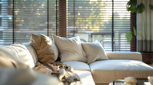 Cozy living room interior with a comfortable sofa, pillows, and natural light streaming through the blinds.