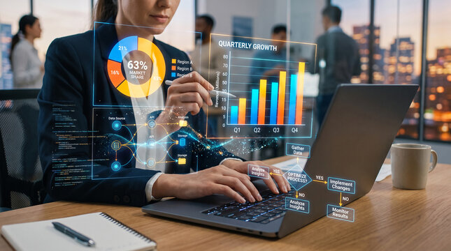 Digital display of business data charts and flowcharts, representing analytics, strategy and growth, symbolizing data-driven decision making and progress