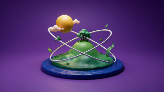 3D of a green island with trees and a yellow sun orbiting in space against a solid purple background color