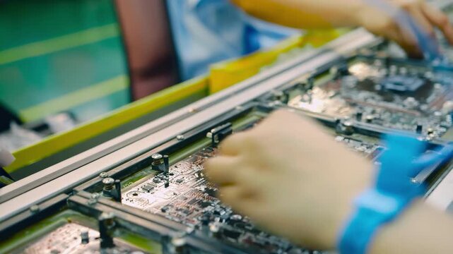 Hands of Chinese workers assembling components on the production line of a Chinese electronics factory.