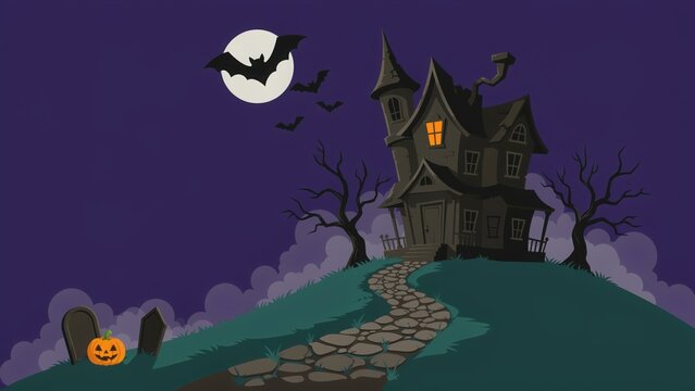 Haunted Halloween house with jack o lantern and bats under a full moon