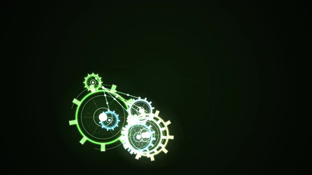 Glowing green gears and dials rotate in a looping mechanical sequence against a dark background.