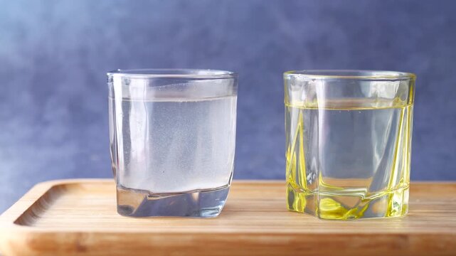 Two glasses of water and oil on wooden tray with dark background showing density difference cinematic footage