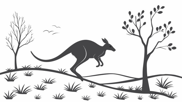 Silhouette illustration of a jumping kangaroo in the australian outback landscape with kangaroo