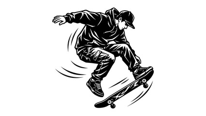 Fototapeta premium Skateboarder performing an ollie jump black and white illustration with extreme sports street sports skate trick