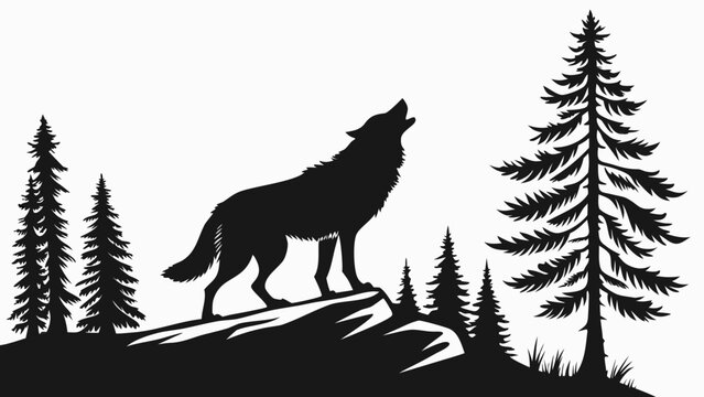 Howling wolf silhouette standing on a rocky outcrop in a coniferous forest with wild wolf