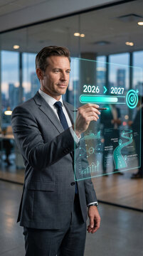 Businessman interacting with futuristic display, showcasing progress and strategic vision, representing corporate success and future planning