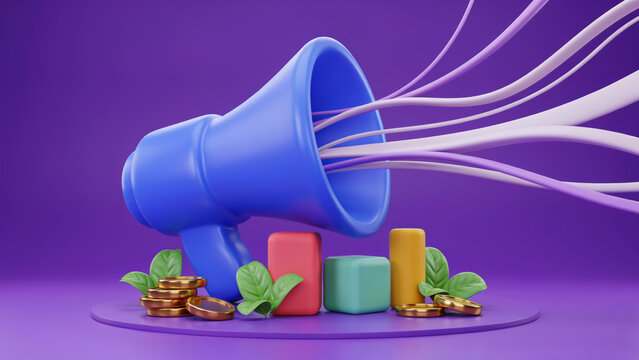 3D render of a blue megaphone emitting long flowing ribbons with bar charts and gold coins on a purple background