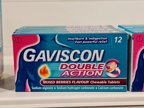 Edinburgh,United Kingdom-9 February 2025:GAVISCON DOUBLE ACTION, chewable tablets, retail package on display