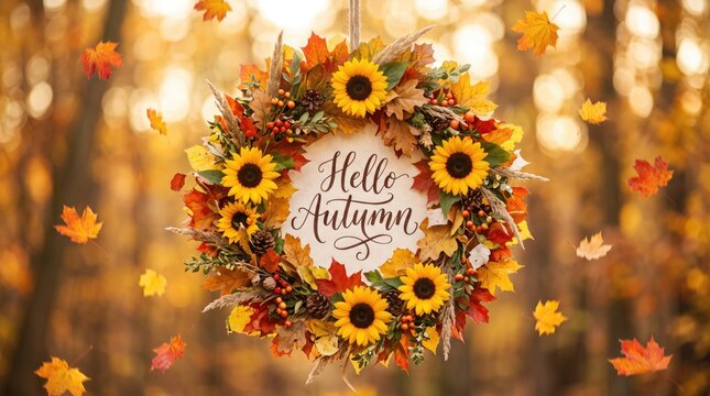 A beautiful autumn wreath with sunflowers and colorful fall foliage creates a warm and inviting thanksgiving atmosphere celebrating the season