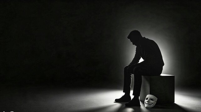 Unmasked Loneliness &ndash; Silhouetted Man with Discarded Smiling Mask, Hidden Depression and Emotional Truth