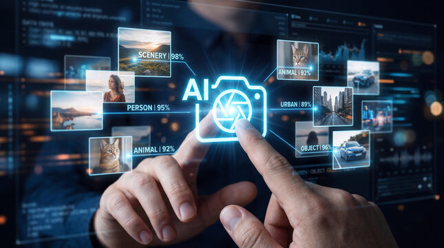 Hands exploring automated image recognition with floating photo classifications