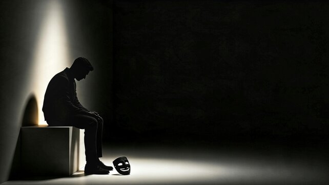 Hidden Pain Behind the Smile &ndash; Silhouetted Man with Discarded Happy Mask, True Feelings and Emotional Masking Concept