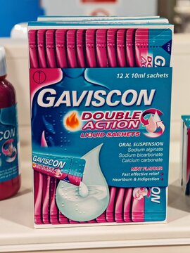 Edinburgh,United Kingdom-9 February 2025:GAVISCON DOUBLE ACTION, liquid sachets and oral suspension, pharmacy shelf display