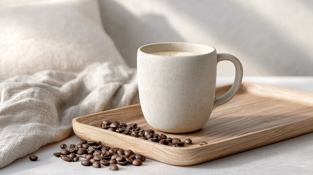 Matte Ceramic Coffee Cup on Wooden Tray &ndash; Warm Minimalist Product Photography

