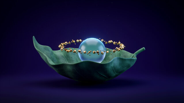3D render of a glowing blue sphere surrounded by a ring of golden particles resting on a large green leaf on purple