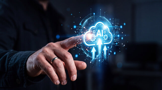 Business professional activating intelligent cloud services with a fingertip