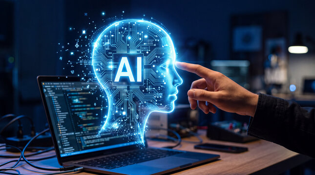 Intelligent human profile hologram rising from a coding laptop