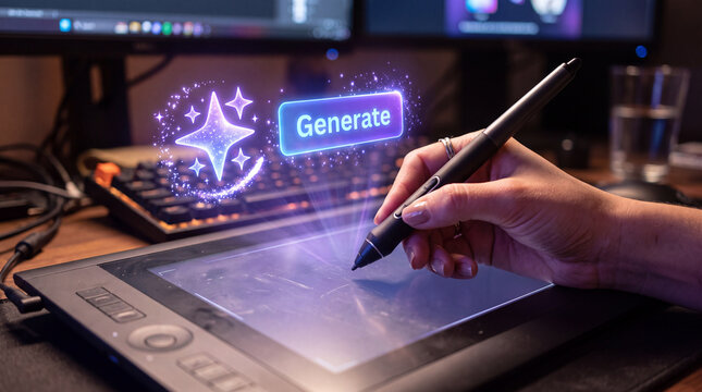 Designer using a stylus with an intelligent generation tool on a drawing tablet