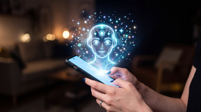 Hands holding a phone with a friendly holographic robot companion