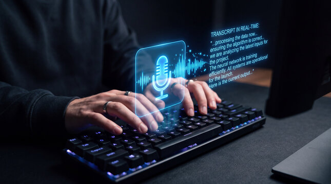 Hands typing beside a live transcription panel and glowing microphone