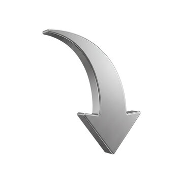 Isolated three dimensional silver curved arrow pointing downwards on white background transparent background