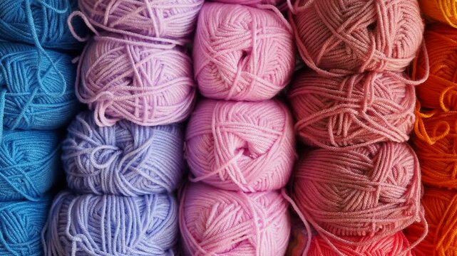 Rows of colorful yarn balls stacked neatly, crafting supplies for knitting and crochet, pastel colors