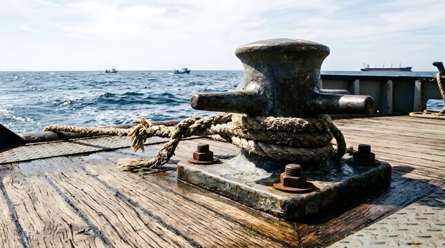 Metal mooring bollard with rope on a wooden ship deck at sea