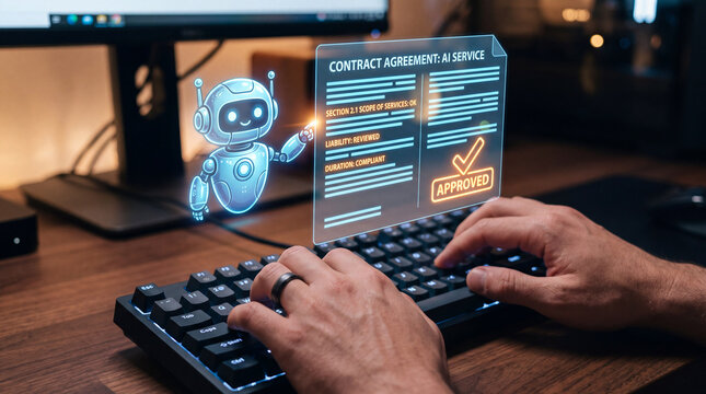 User reviewing an approved contract with a virtual robot assistant
