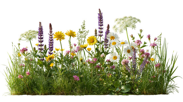 Wildflower meadow with daisies, purple salvia and yellow sunflowers in green grass