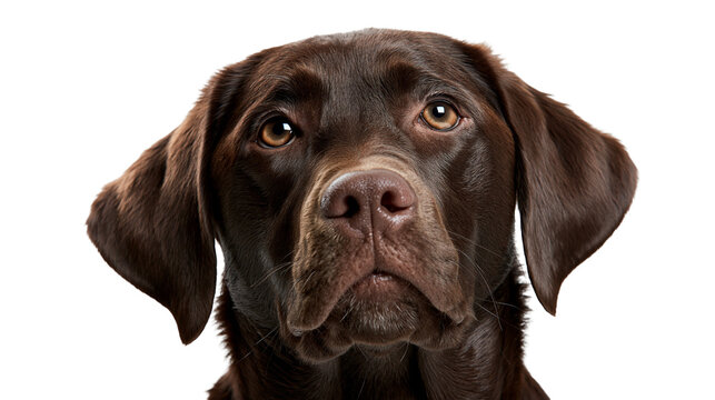 Close up portrait of a chocolate brown Labrador Retriever dog looking up