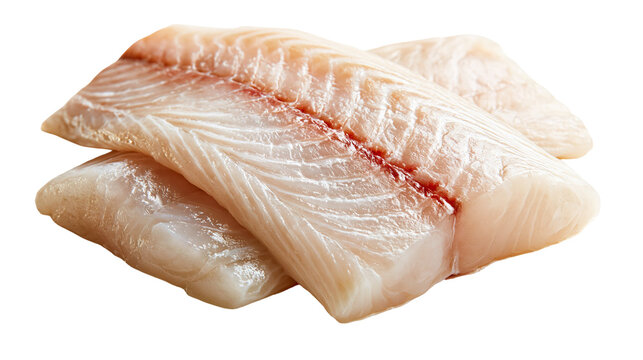 Fresh raw white fish fillets with translucent texture and visible red blood line