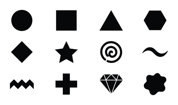 Geometric Shapes Vector Icons Set, Basic Forms Collection, Simple Black Symbols for Design Elements, Graphic Resources, and UI Kits