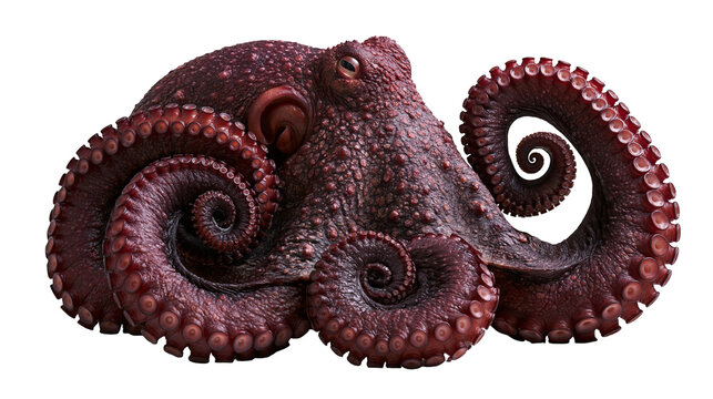 Large dark red octopus with textured skin and curled tentacles