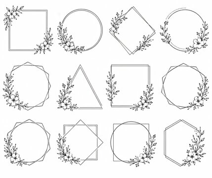 Set of floral geometric frames and decorative botanical borders