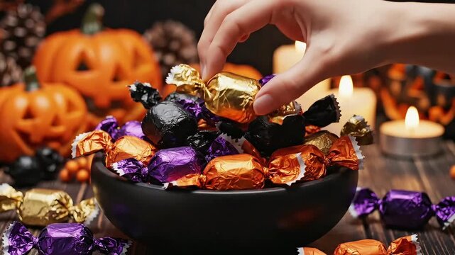 Hand picking a gold candy from a black bowl of wrapped treats with carved pumpkins and warm glowing candles on a dark wooden table.
