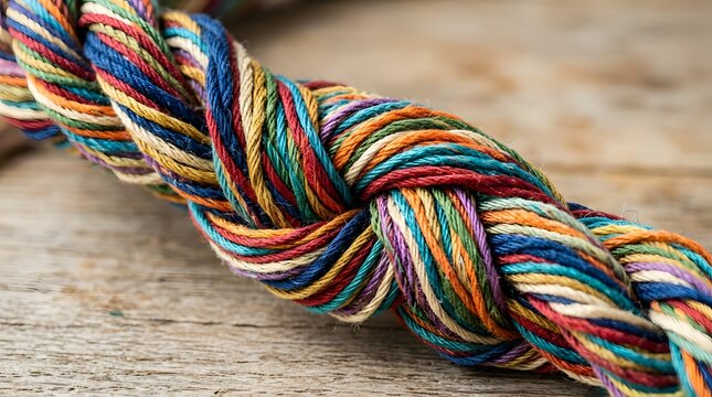 Multi colored braided rope strands on a textured wooden surface