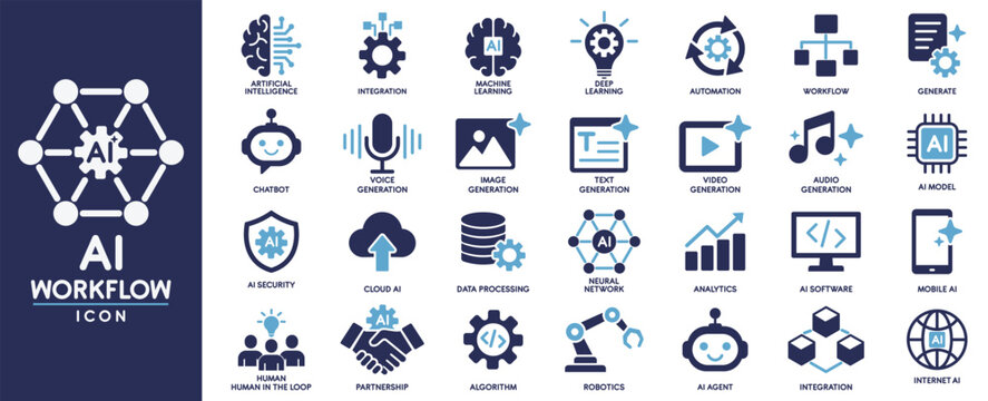 AI Workflow and Automation Icon Set, Containing artificial intelligence, AI agents, AI software, algorithms, machine learning  and more. Solid vector icon illustration