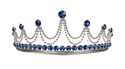 Silver tiara with blue sapphire crystals and hanging chain drapes © Maria