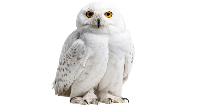 Snowy owl with bright yellow eyes and white plumage standing upright