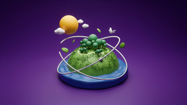 3D render of a green island with trees and a yellow sun orbiting in space against a solid purple background color