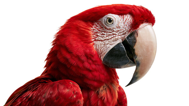 Close up portrait of a vibrant red macaw parrot with a large curved beak