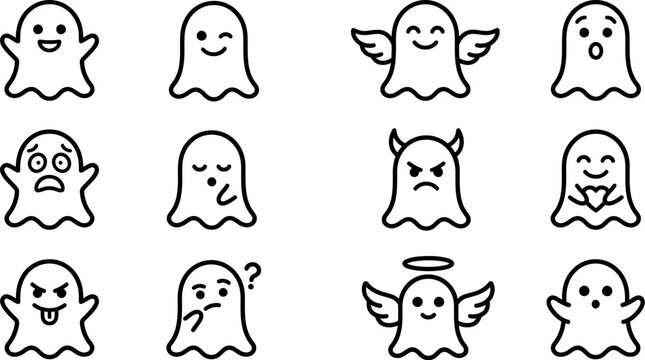 Cute ghost emoji icons, 12 cartoon ghost characters with expressions. Minimalist Halloween ghost line art vectors for stickers and web design.