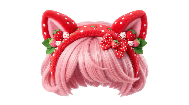 Kawaii pink wig with strawberry cat ears headband, cute anime cosplay hair accessory, red polka dot bow and fruit decorations on white background