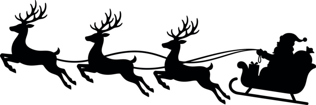 Christmas Santa Claus sleigh silhouette, flying reindeer team with sled vector, black holiday reindeer silhouette on white background